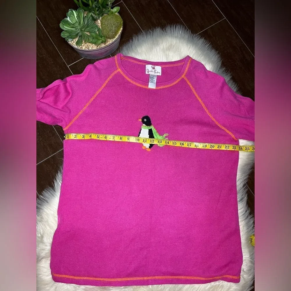 Quacker Factory embroidered penguin Pink crew sweater sz 1X